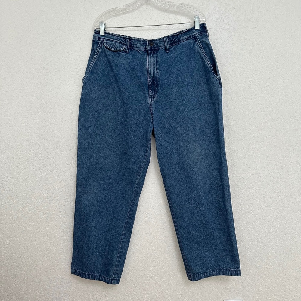 Towncraft Denim Jeans Cotton Blue Elastic Waist Straight Wide Leg High Rise